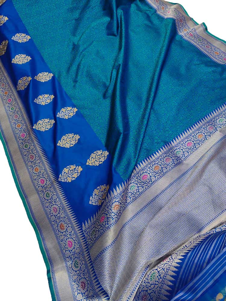 Blue Handloom Banarasi Pure Katan Silk Tanchui Saree - Luxurion World