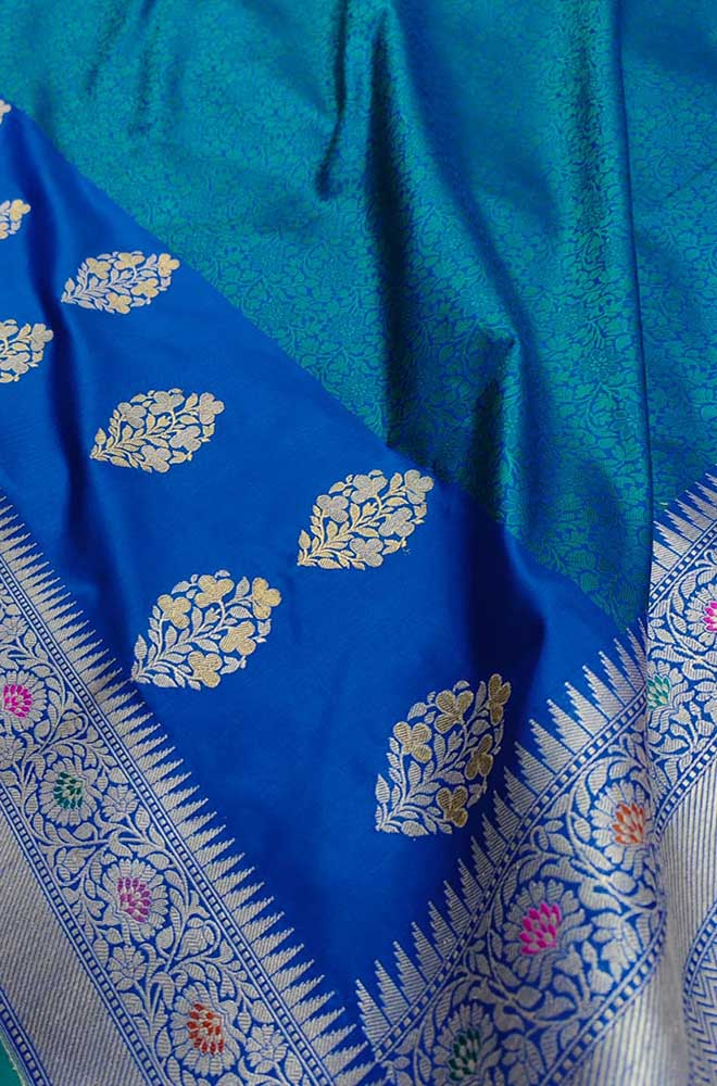 Blue Handloom Banarasi Pure Katan Silk Tanchui Saree - Luxurion World