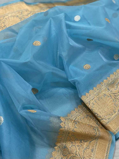 Blue Handloom Banarasi Pure Kora Silk Saree