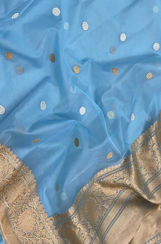 Blue Handloom Banarasi Pure Kora Silk Saree - Luxurion World