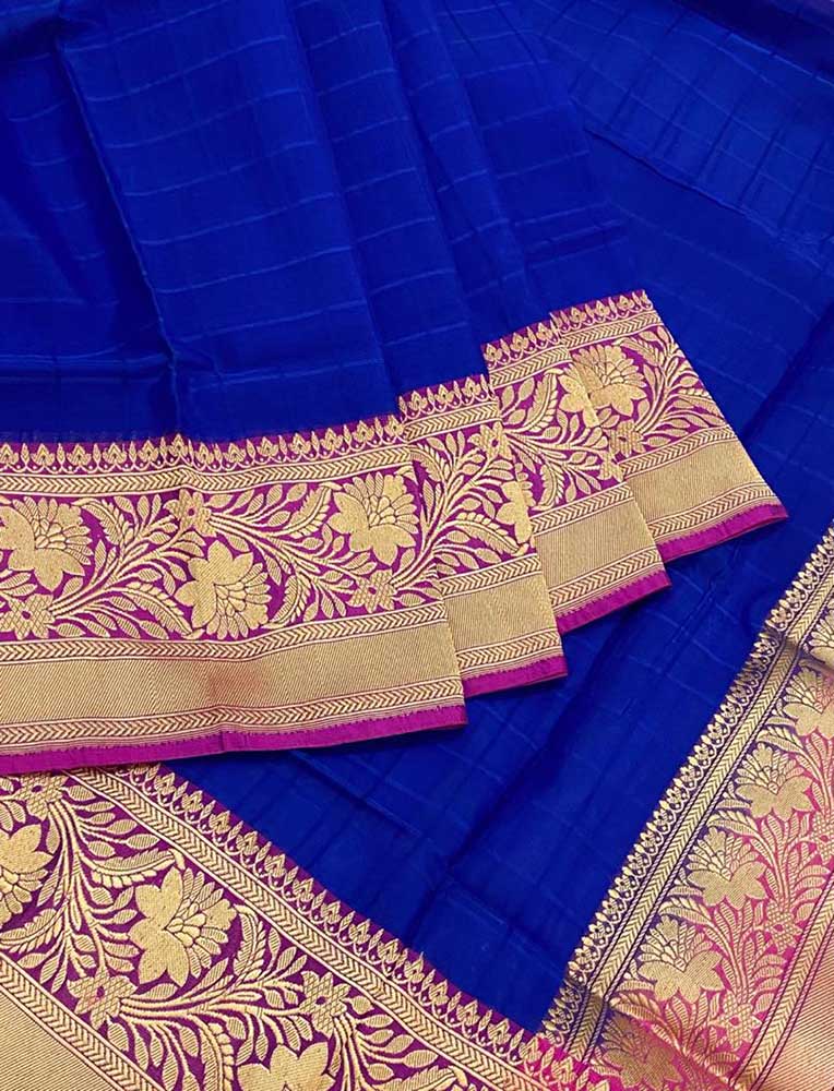 Blue Handloom Banarasi Pure Kora Silk Stripes Design Saree