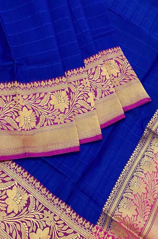 Blue Handloom Banarasi Pure Kora Silk Stripes Design Saree - Luxurion World