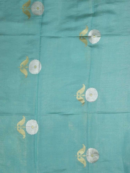 Blue Handloom Banarasi Tissue Katan Silk Fabric ( 1 Mtr ) - Luxurion World