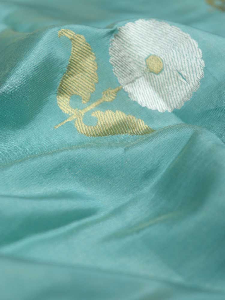 Blue Handloom Banarasi Tissue Katan Silk Fabric ( 1 Mtr ) - Luxurion World