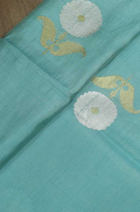 Blue Handloom Banarasi Tissue Katan Silk Fabric ( 1 Mtr )
