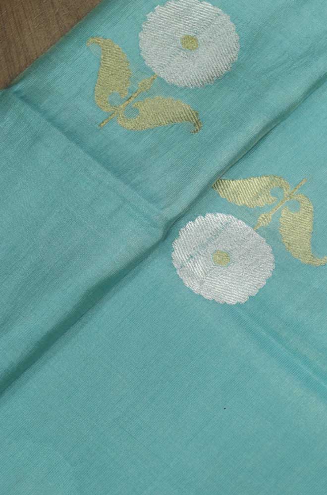 Blue Handloom Banarasi Tissue Katan Silk Fabric ( 1 Mtr ) - Luxurion World
