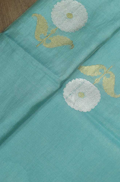 Blue Handloom Banarasi Tissue Katan Silk Fabric ( 1 Mtr ) - Luxurion World