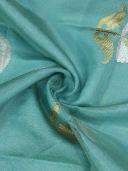 Blue Handloom Banarasi Tissue Katan Silk Fabric ( 1 Mtr ) - Luxurion World