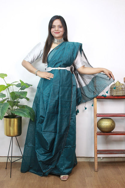 Blue Handloom Bengal Tussar Cotton Silver Zari Stripe Design Saree - Luxurion World