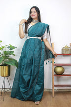 Blue Handloom Bengal Tussar Cotton Silver Zari Stripe Design Saree - Luxurion World