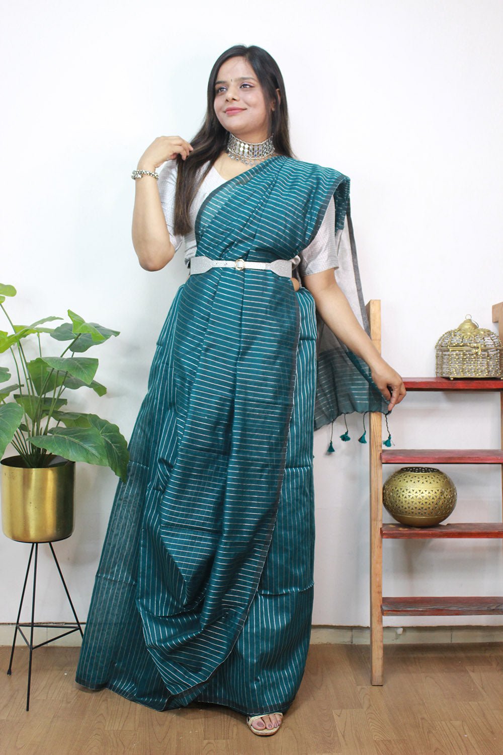 Blue Handloom Bengal Tussar Cotton Silver Zari Stripe Design Saree - Luxurion World