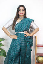 Blue Handloom Bengal Tussar Cotton Silver Zari Stripe Design Saree - Luxurion World