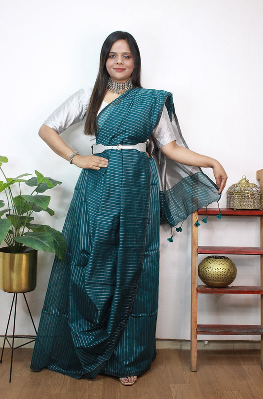 Blue Handloom Bengal Tussar Cotton Silver Zari Stripe Design Saree