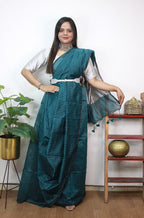 Blue Handloom Bengal Tussar Cotton Silver Zari Stripe Design Saree - Luxurion World