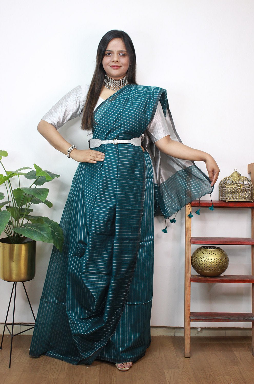 Blue Handloom Bengal Tussar Cotton Silver Zari Stripe Design Saree - Luxurion World