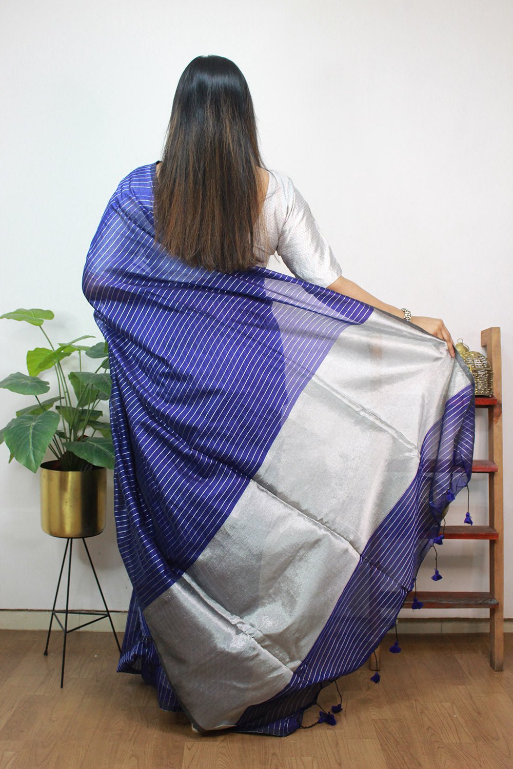 Blue Handloom Bengal Tussar Cotton Silver Zari Stripe Design Saree - Luxurion World