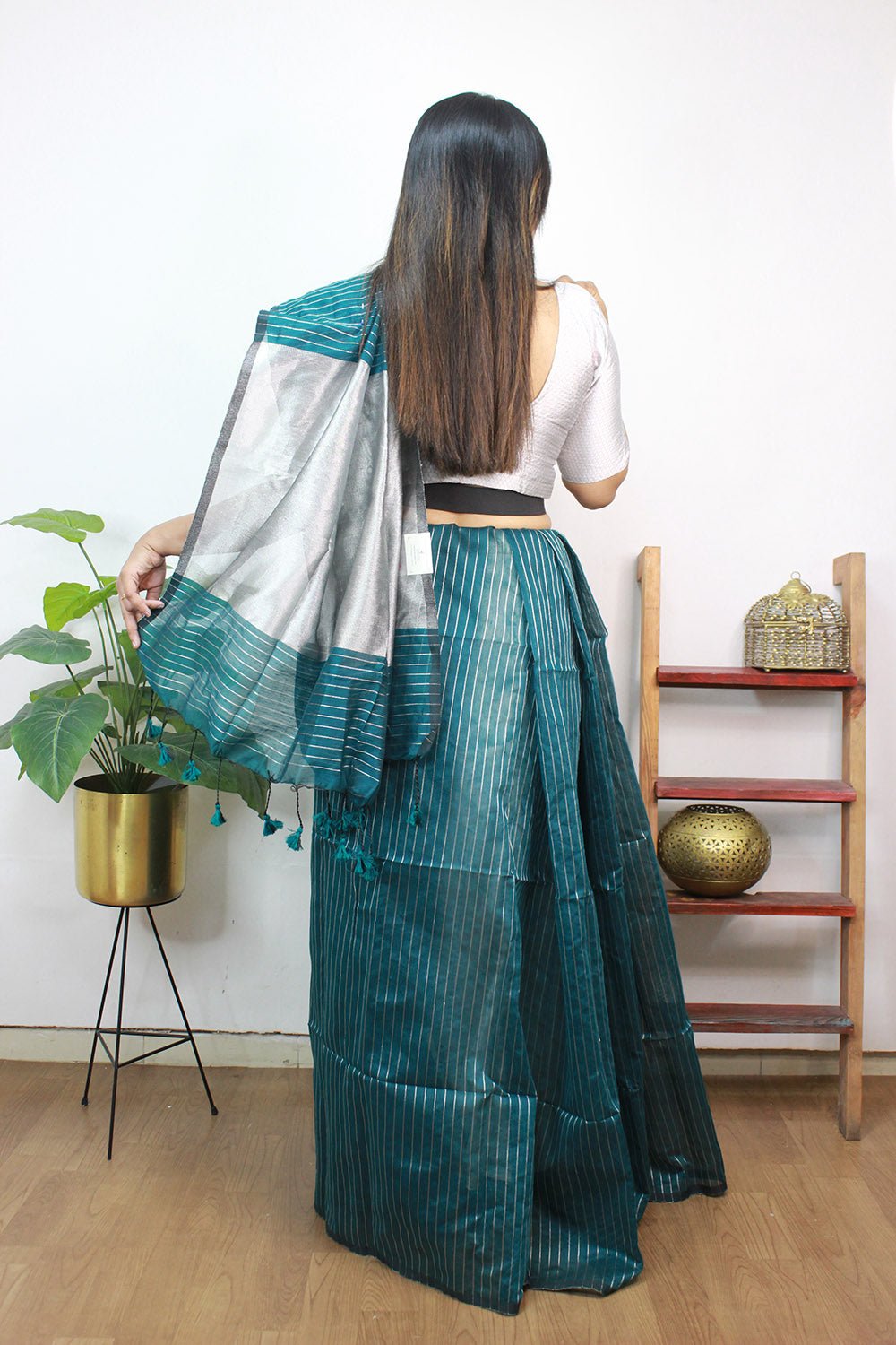 Blue Handloom Bengal Tussar Cotton Silver Zari Stripe Design Saree