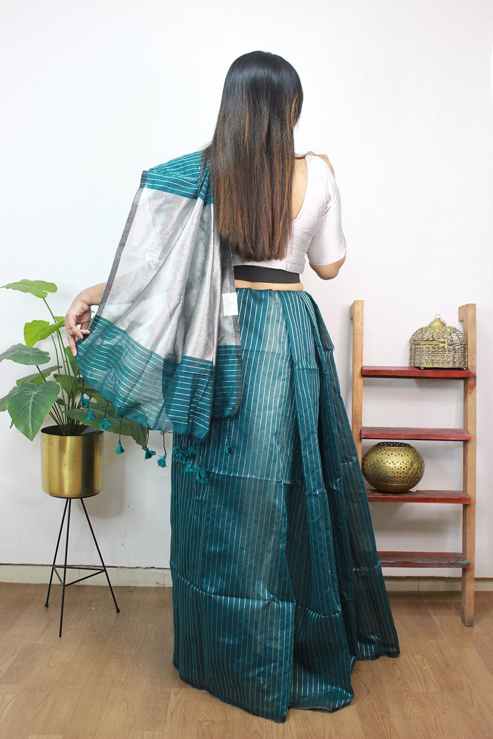 Blue Handloom Bengal Tussar Cotton Silver Zari Stripe Design Saree - Luxurion World