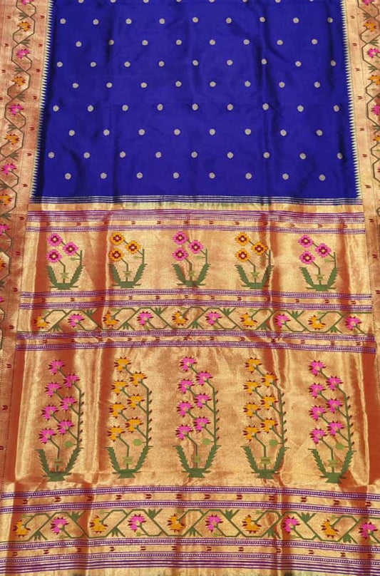 Blue Handloom Brocade Paithani Pure Silk Floral Design Saree - Luxurion World