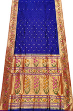 Blue Handloom Brocade Paithani Pure Silk Floral Design Saree - Luxurion World