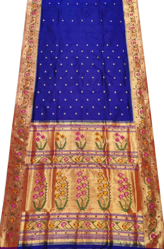 Blue Handloom Brocade Paithani Pure Silk Floral Design Saree - Luxurion World
