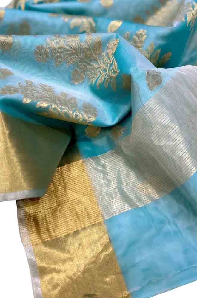 Blue Handloom Chanderi Pure Katan Organza Silk Saree