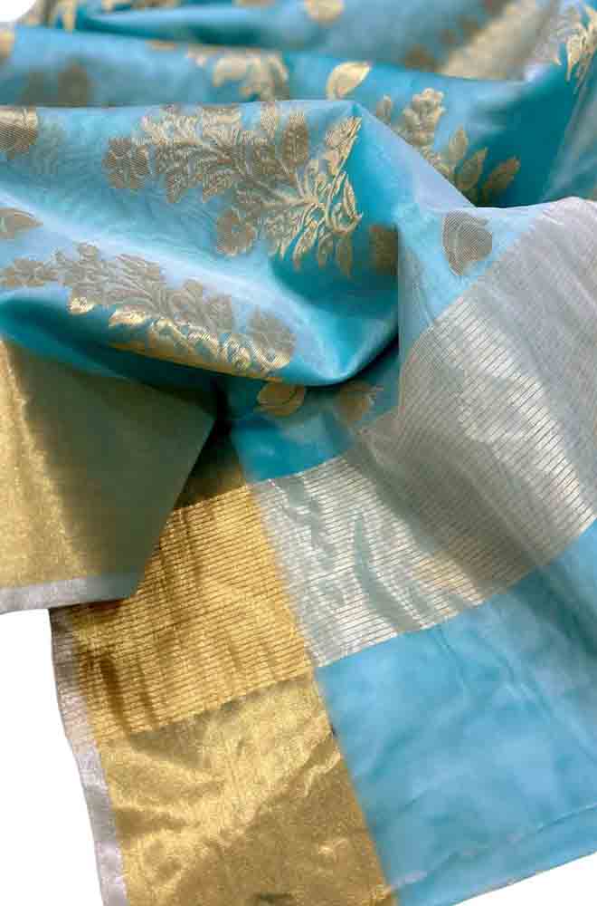 Blue Handloom Chanderi Pure Katan Organza Silk Saree - Luxurion World