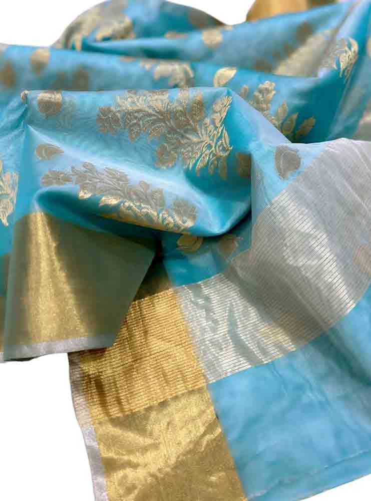 Blue Handloom Chanderi Pure Katan Organza Silk Saree