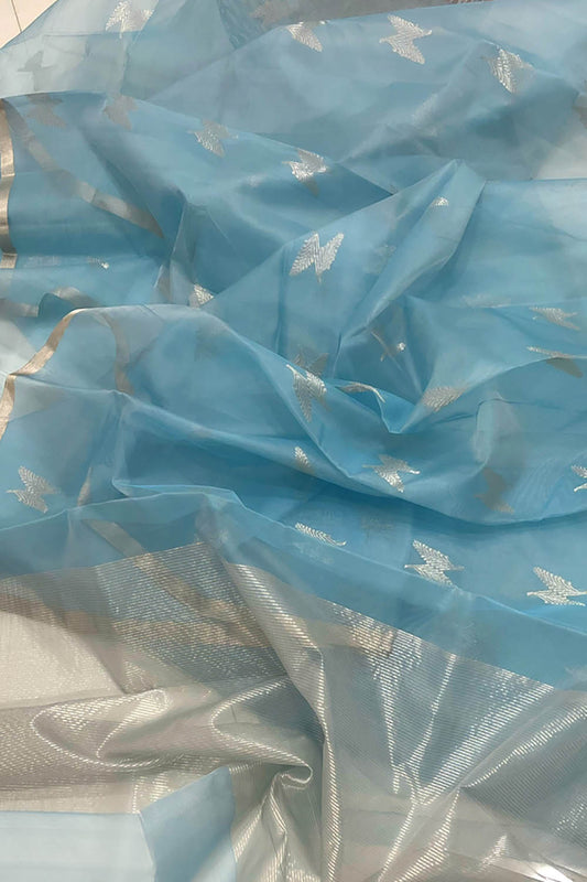Blue Handloom Chanderi Pure Katan Organza Silk Saree - Luxurion World