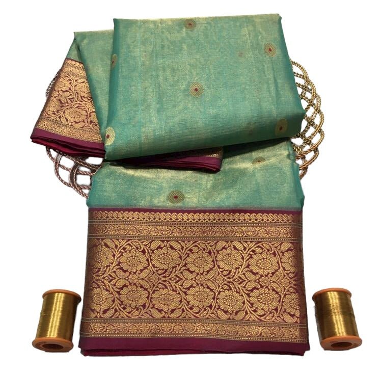 Blue Handloom Chanderi Pure Katan Tissue Silk Saree - Luxurion World