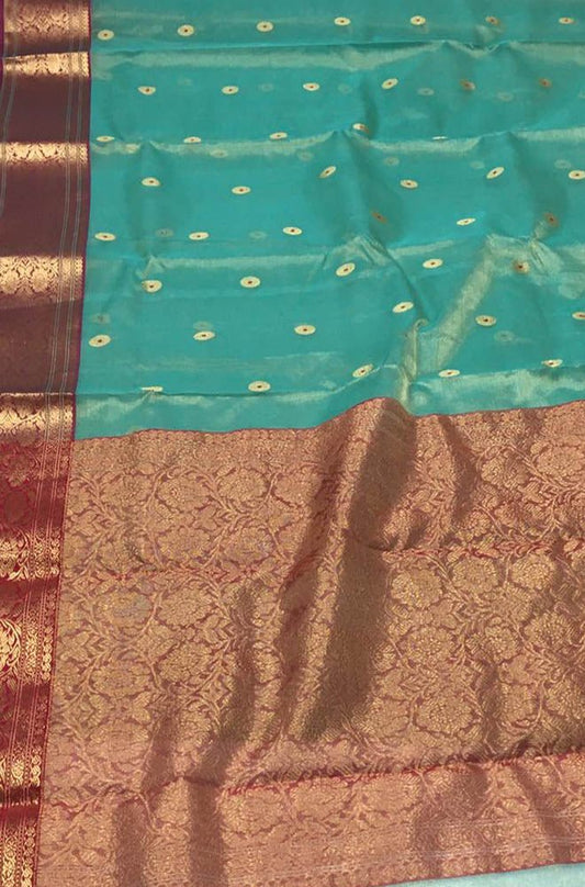 Blue Handloom Chanderi Pure Katan Tissue Silk Saree - Luxurion World
