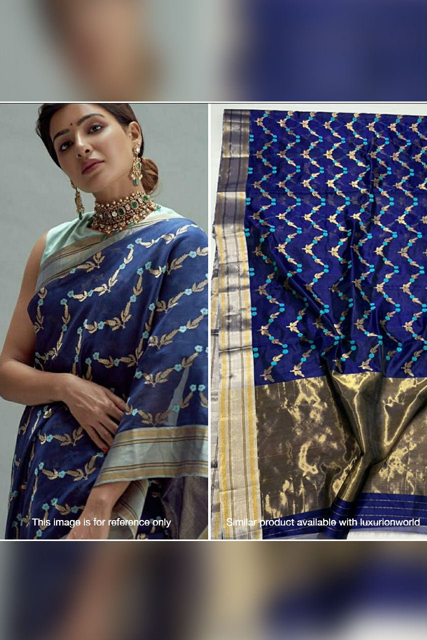 Blue Handloom Chanderi Pure Silk Saree - Luxurion World