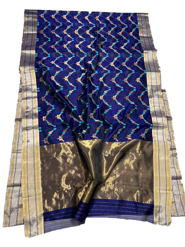 Blue Handloom Chanderi Pure Silk Saree - Luxurion World