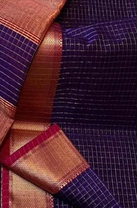 Blue Handloom Checks Maheshwari Cotton Silk Saree - Luxurion World
