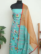 Blue Handloom Jamdani Chanderi Silk Two Piece Unstitched Suit Set - Luxurion World