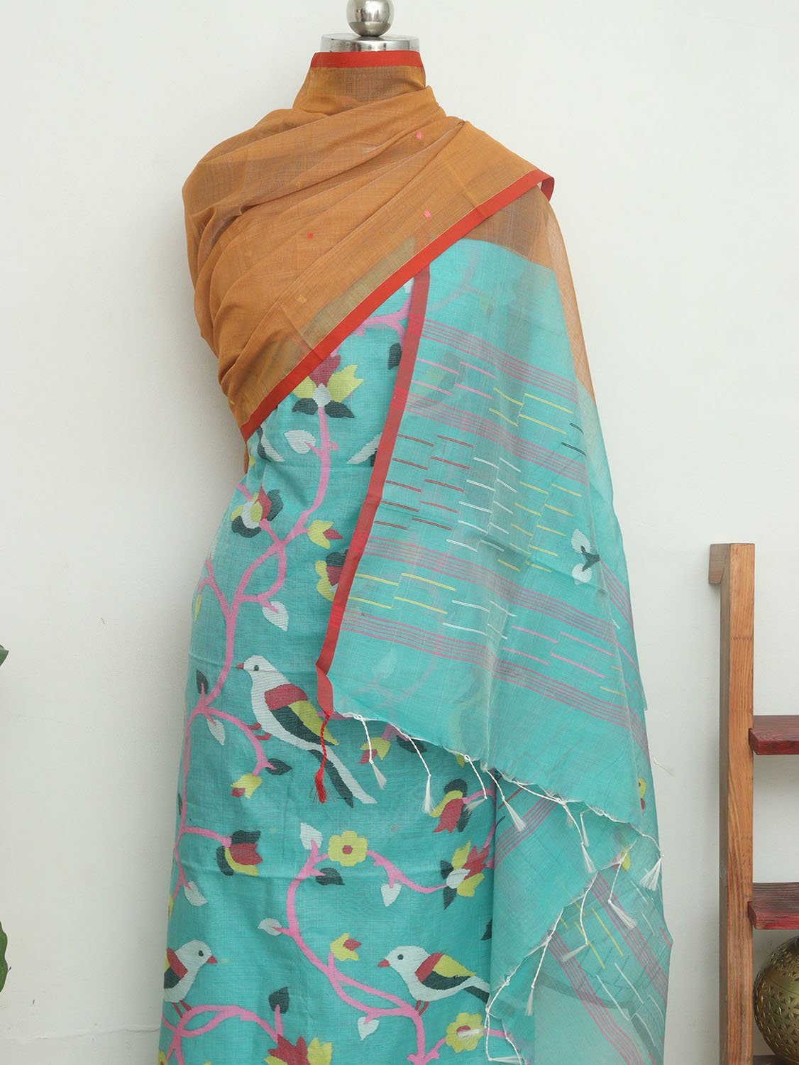 Blue Handloom Jamdani Chanderi Silk Two Piece Unstitched Suit Set - Luxurion World