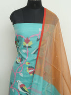 Blue Handloom Jamdani Chanderi Silk Two Piece Unstitched Suit Set - Luxurion World