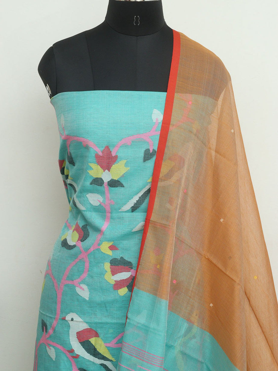 Blue - Handloom Zari Buti Chanderi Silk 2pc Unstitched Dress Material 31