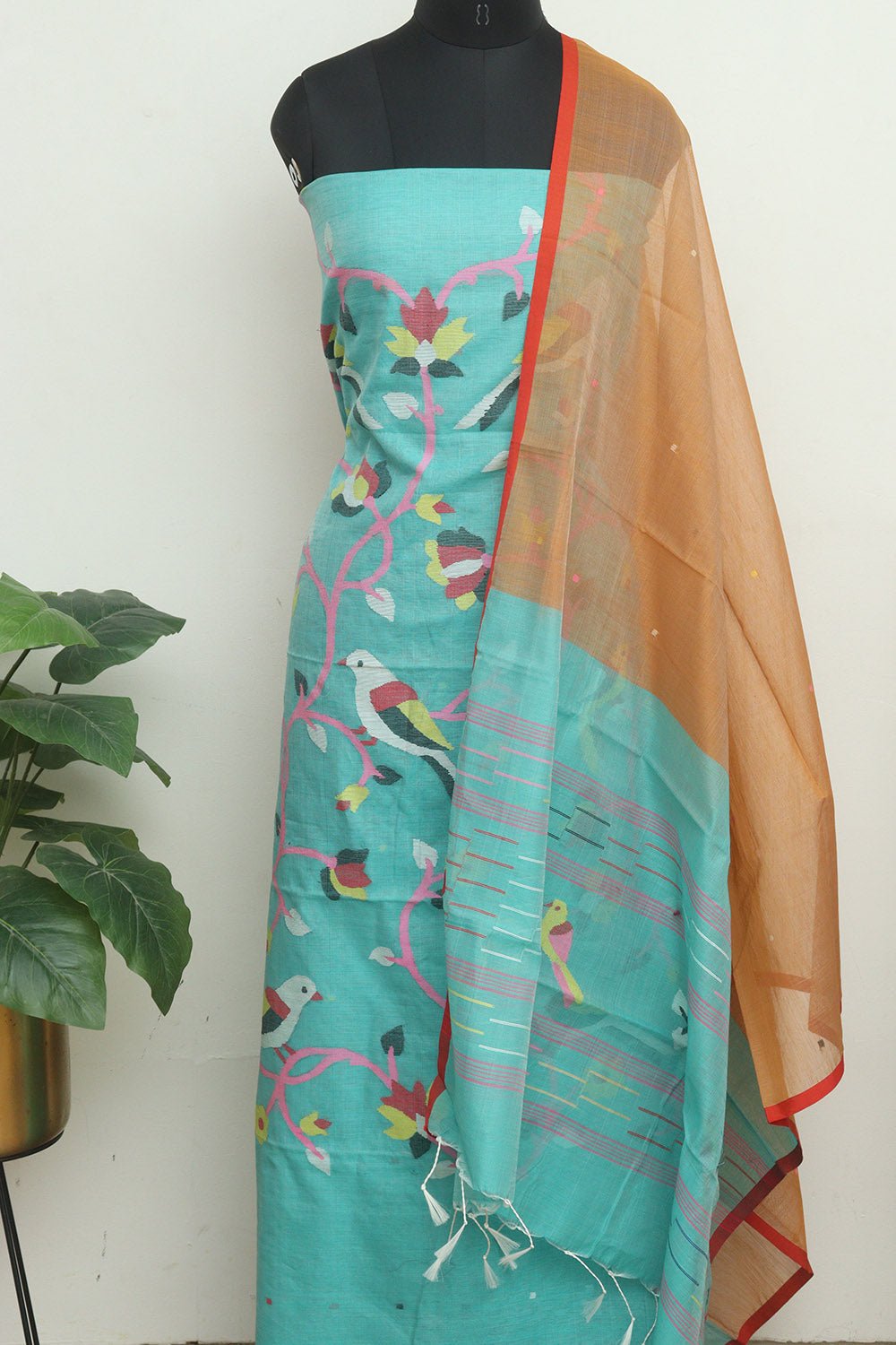 Blue Handloom Jamdani Chanderi Silk Two Piece Unstitched Suit Set - Luxurion World