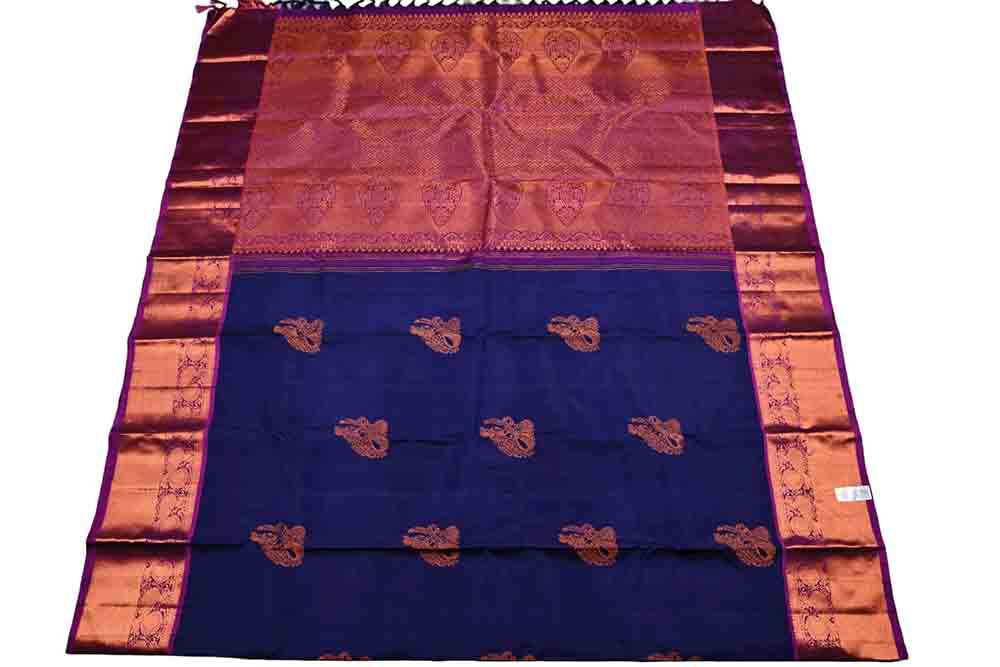 Blue Handloom Kanjeevaram Pure Silk Saree - Luxurion World