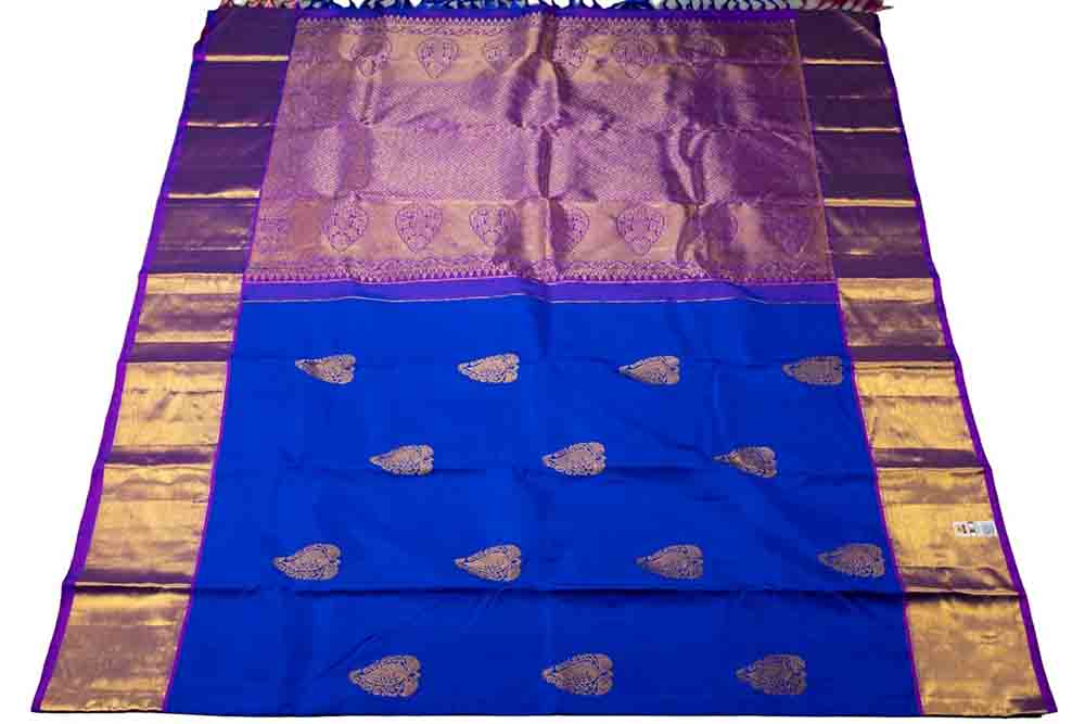 Blue Handloom Kanjeevaram Pure Silk Saree - Luxurion World