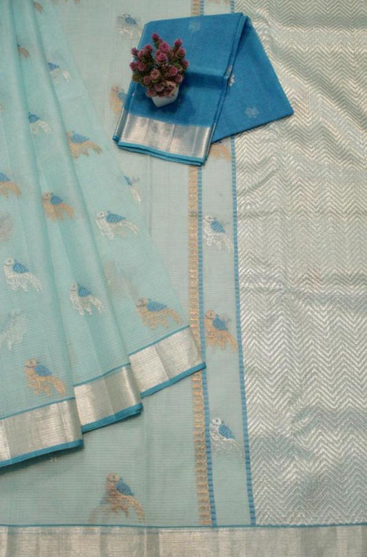 Blue Handloom Kota Doria Real Zari Bird Design Saree - Luxurion World