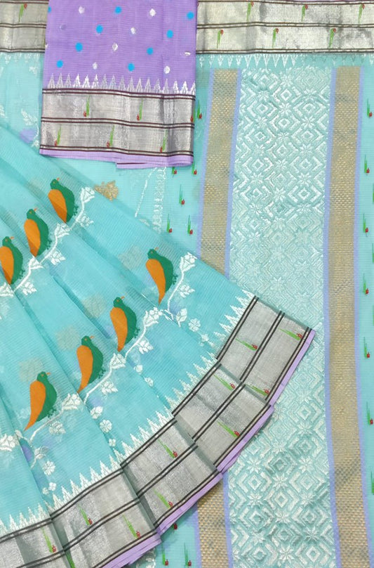 Blue Handloom Kota Doria Real Zari Bird Design Saree - Luxurion World