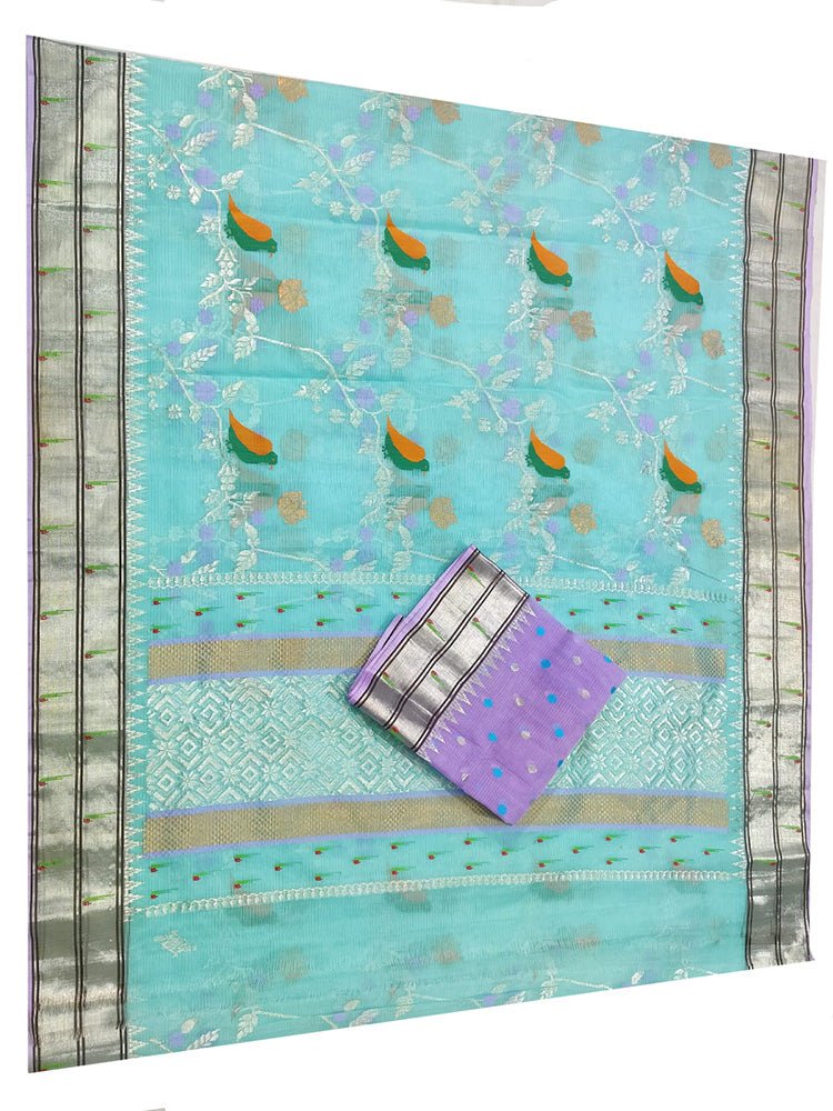 Blue Handloom Kota Doria Real Zari Bird Design Saree - Luxurion World