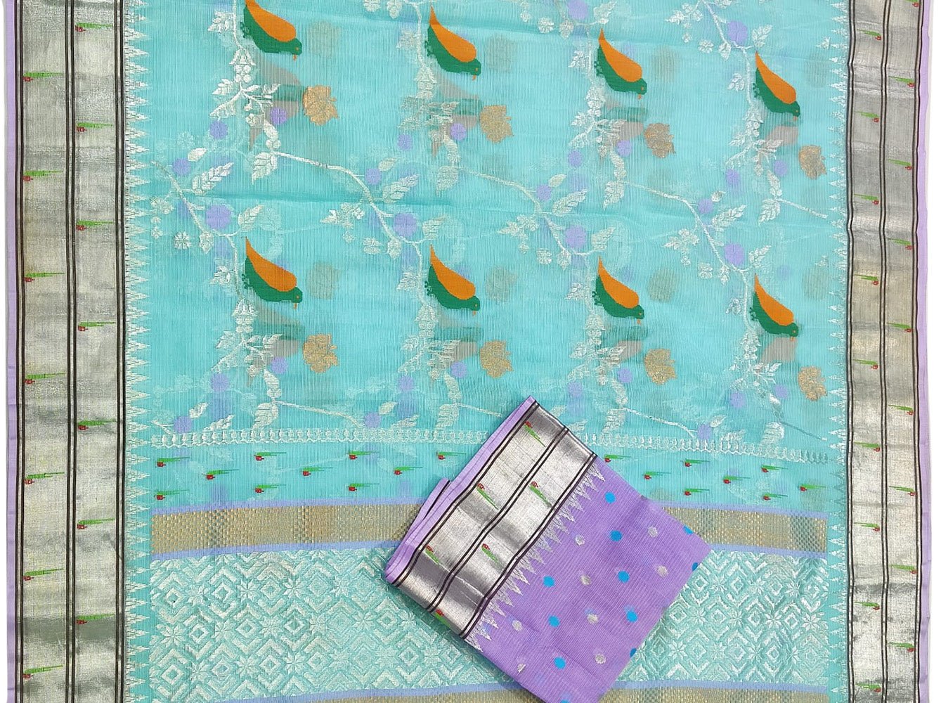 Blue Handloom Kota Doria Real Zari Bird Design Saree - Luxurion World