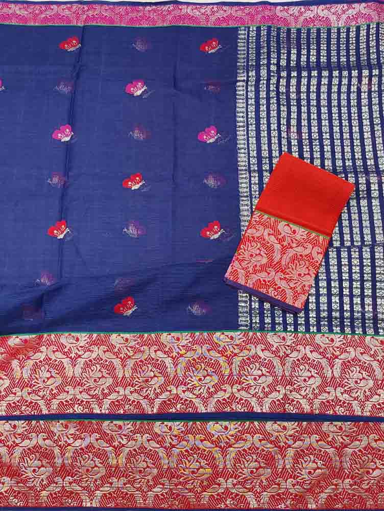 Blue Handloom Kota Doria Real Zari Figure Design Saree - Luxurion World
