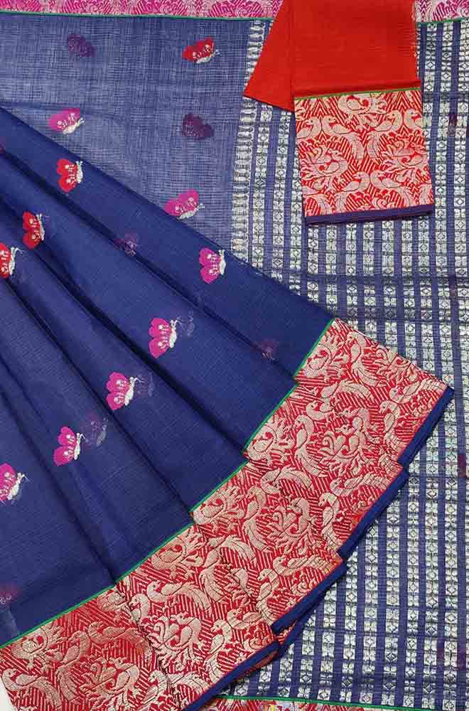 Blue Handloom Kota Doria Real Zari Figure Design Saree - Luxurion World