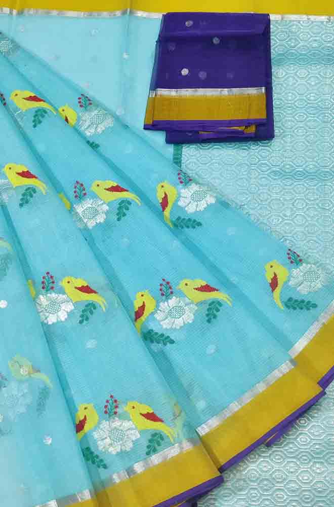 Blue Handloom Kota Doria Real Zari Figure Design Saree - Luxurion World