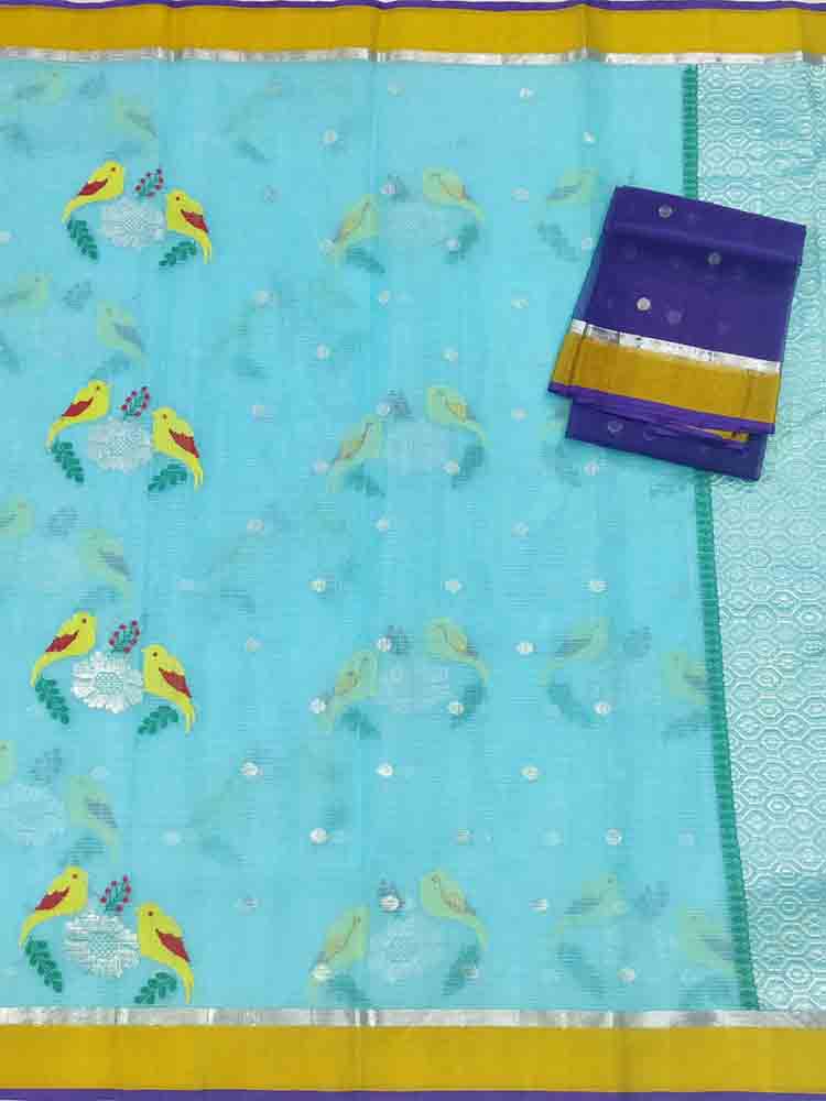 Blue Handloom Kota Doria Real Zari Figure Design Saree - Luxurion World
