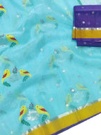 Blue Handloom Kota Doria Real Zari Figure Design Saree - Luxurion World